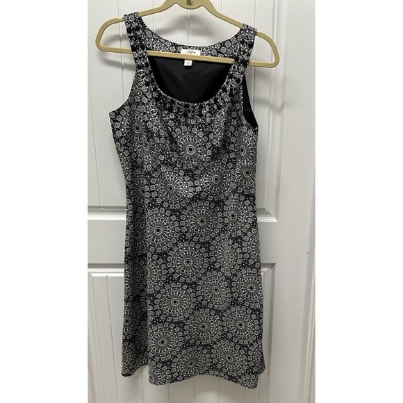 Loft Dress Black White Beaded Neck Summer Elegant Size 10 Geometric - Picture 1 of 7